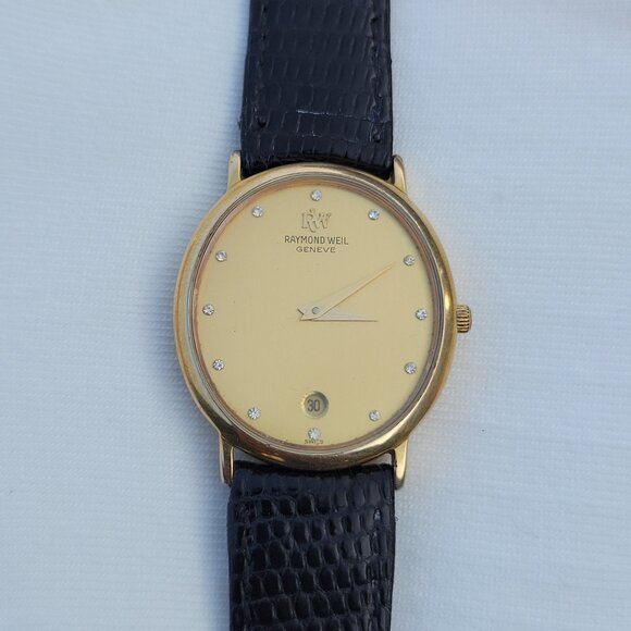 Vintage Raymond Weil 5524 Unisex Watch Gold Black Diamond Accents Date Classic